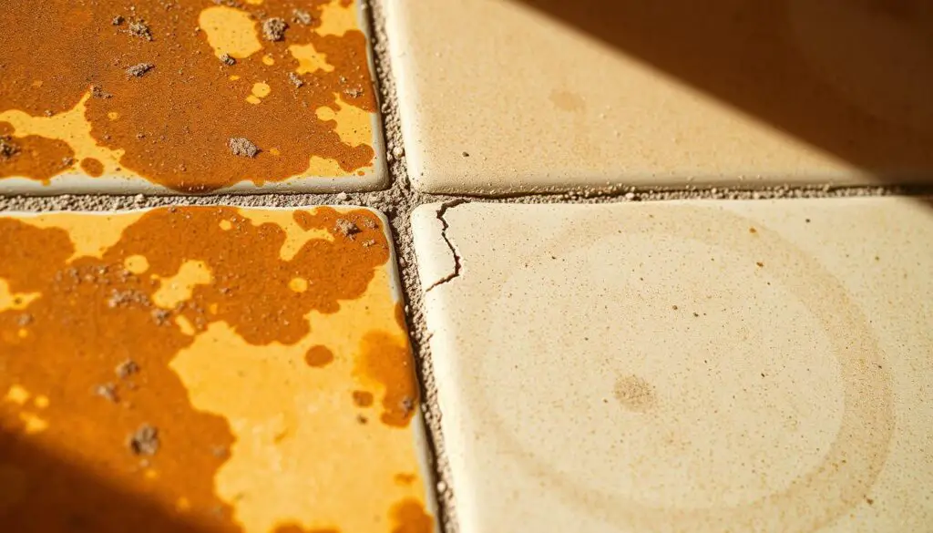 A close-up view of various grout stains on a tiled floor or wall. In the foreground, a splotchy discoloration of the grout, ranging from dark brown to yellowish hues, suggesting a mix of mildew, dirt, and grime buildup. The middle ground features a cracked, crumbling grout line, with a chalky white appearance indicating mineral deposits or efflorescence. In the background, a more uniform, faded grout stain, possibly from water damage or previous cleaning attempts. Warm, soft lighting casts subtle shadows, highlighting the textural details of the grout. The scene conveys a sense of neglect and the need for thorough cleaning to restore the grout's original appearance. A close-up view of various grout stains on a tiled floor or wall. In the foreground, a splotchy discoloration of the grout, ranging from dark brown to yellowish hues, suggesting a mix of mildew, dirt, and grime buildup. The middle ground features a cracked, crumbling grout line, with a chalky white appearance indicating mineral deposits or efflorescence. In the background, a more uniform, faded grout stain, possibly from water damage or previous cleaning attempts. Warm, soft lighting casts subtle shadows, highlighting the textural details of the grout. The scene conveys a sense of neglect and the need for thorough cleaning to restore the grout's original appearance.