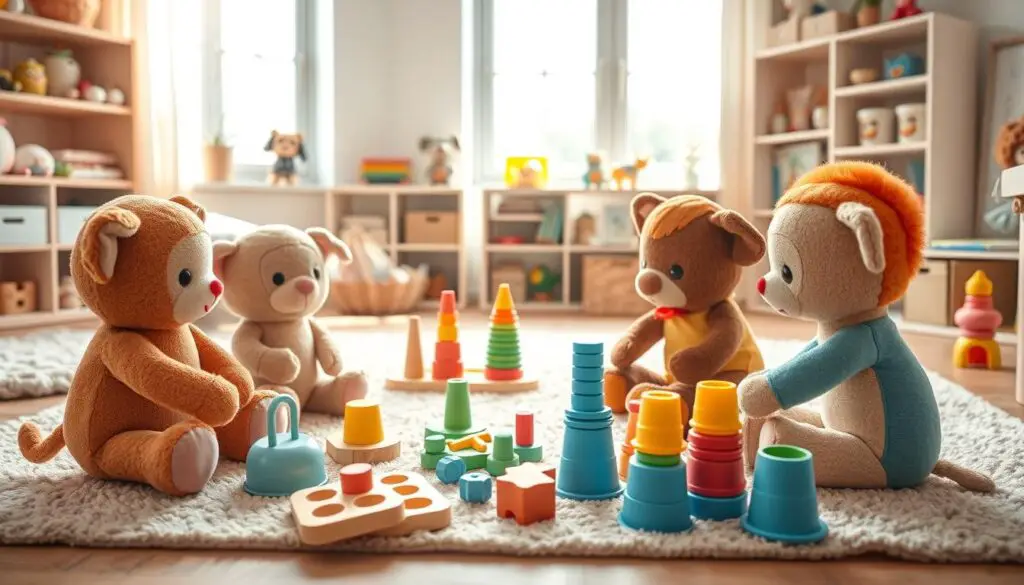 A cozy playroom scene featuring a variety of Labubu toys designed to foster social skills and emotional intelligence in toddlers. In the foreground, plush Labubu characters engage in imaginative role-play, sharing toys and communicating through expressive body language. The middle ground showcases a mix of educational puzzles, shape sorters, and stacking cups that encourage problem-solving and turn-taking. In the background, a soft rug and shelves displaying additional Labubu products create a warm, nurturing environment. Natural lighting filters in through large windows, casting a gentle glow and inviting atmosphere. The overall composition conveys a sense of play, learning, and social-emotional development. A cozy playroom scene featuring a variety of Labubu toys designed to foster social skills and emotional intelligence in toddlers. In the foreground, plush Labubu characters engage in imaginative role-play, sharing toys and communicating through expressive body language. The middle ground showcases a mix of educational puzzles, shape sorters, and stacking cups that encourage problem-solving and turn-taking. In the background, a soft rug and shelves displaying additional Labubu products create a warm, nurturing environment. Natural lighting filters in through large windows, casting a gentle glow and inviting atmosphere. The overall composition conveys a sense of play, learning, and social-emotional development.