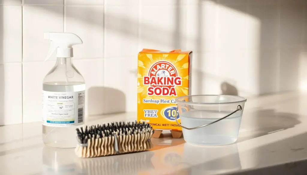 A well-lit kitchen countertop, with a collection of cleaning supplies neatly arranged: a spray bottle of white vinegar, a box of baking soda, a stiff-bristled scrub brush, and a small bucket filled with warm water. The scene has a sense of order and preparation, ready for the upcoming grout cleaning task. The lighting is soft and natural, creating gentle shadows that accentuate the textures of the materials. The overall atmosphere conveys a feeling of efficiency and anticipation, setting the stage for the step-by-step grout cleaning process to come. A well-lit kitchen countertop, with a collection of cleaning supplies neatly arranged: a spray bottle of white vinegar, a box of baking soda, a stiff-bristled scrub brush, and a small bucket filled with warm water. The scene has a sense of order and preparation, ready for the upcoming grout cleaning task. The lighting is soft and natural, creating gentle shadows that accentuate the textures of the materials. The overall atmosphere conveys a feeling of efficiency and anticipation, setting the stage for the step-by-step grout cleaning process to come.