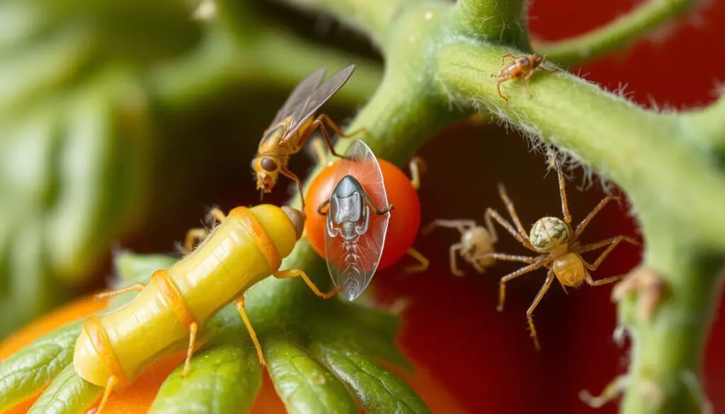 Detailed close-up of several common tomato pests in their natural habitat, captured with a high-resolution macro lens in soft, natural lighting. Prominently featured are a tomato hornworm, a whitefly, and a spider mite, all seen up-close and in crisp detail against a slightly blurred, muted background of tomato leaves and stems. The pests appear lifelike and engaging, conveying the challenges of growing tomatoes in containers and the importance of vigilant pest management. Detailed close-up of several common tomato pests in their natural habitat, captured with a high-resolution macro lens in soft, natural lighting. Prominently featured are a tomato hornworm, a whitefly, and a spider mite, all seen up-close and in crisp detail against a slightly blurred, muted background of tomato leaves and stems. The pests appear lifelike and engaging, conveying the challenges of growing tomatoes in containers and the importance of vigilant pest management.